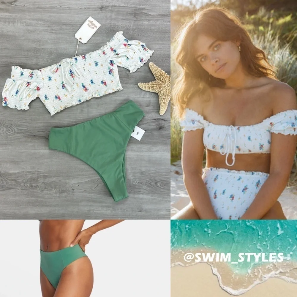 ☀️BILLABONG☀️ RVCA☀️ MEADOWLANDS SMOCKED SOUD HIGH RISE CHEEKY BIKINI SET